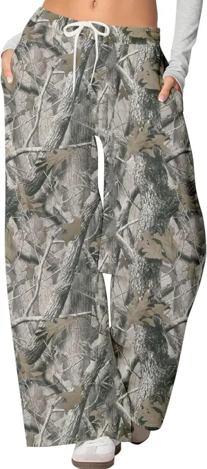 YKR Women's Camo Pants Y2K Camouflage Wide Leg Sweatpants Elastic Waist Drawstring Baggy Joggers with Pockets