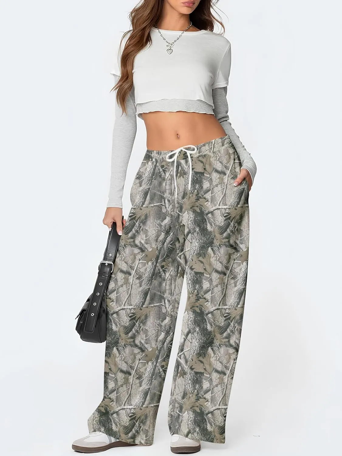 YKR Women's Camo Pants Y2K Camouflage Wide Leg Sweatpants Elastic Waist Drawstring Baggy Joggers with Pockets