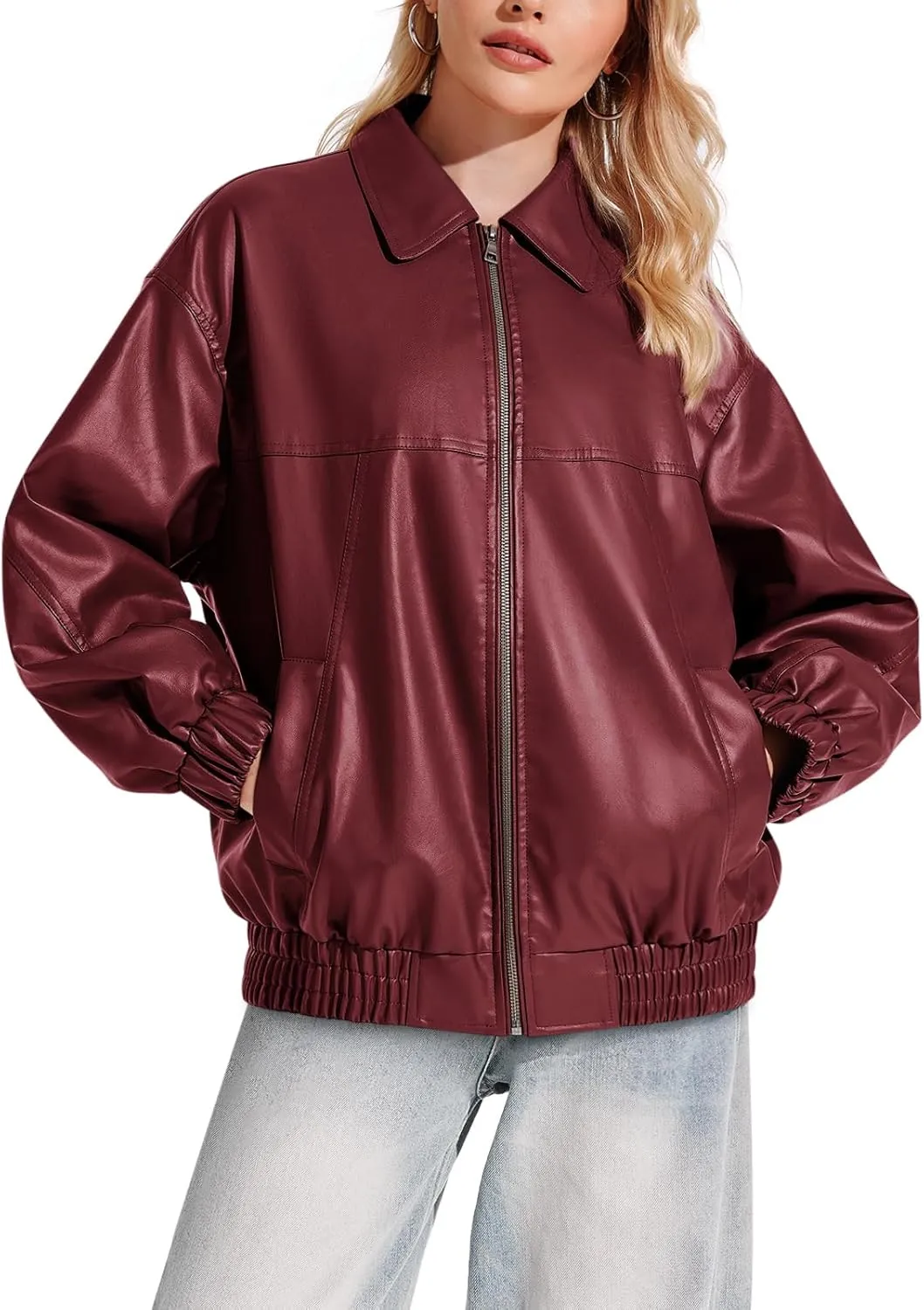 Yousify Womens Leather Jacket Oversized Faux Casual Zip Up Bomber Motorcycle Jackect Trendy Fall Winter Clothes S-XXL