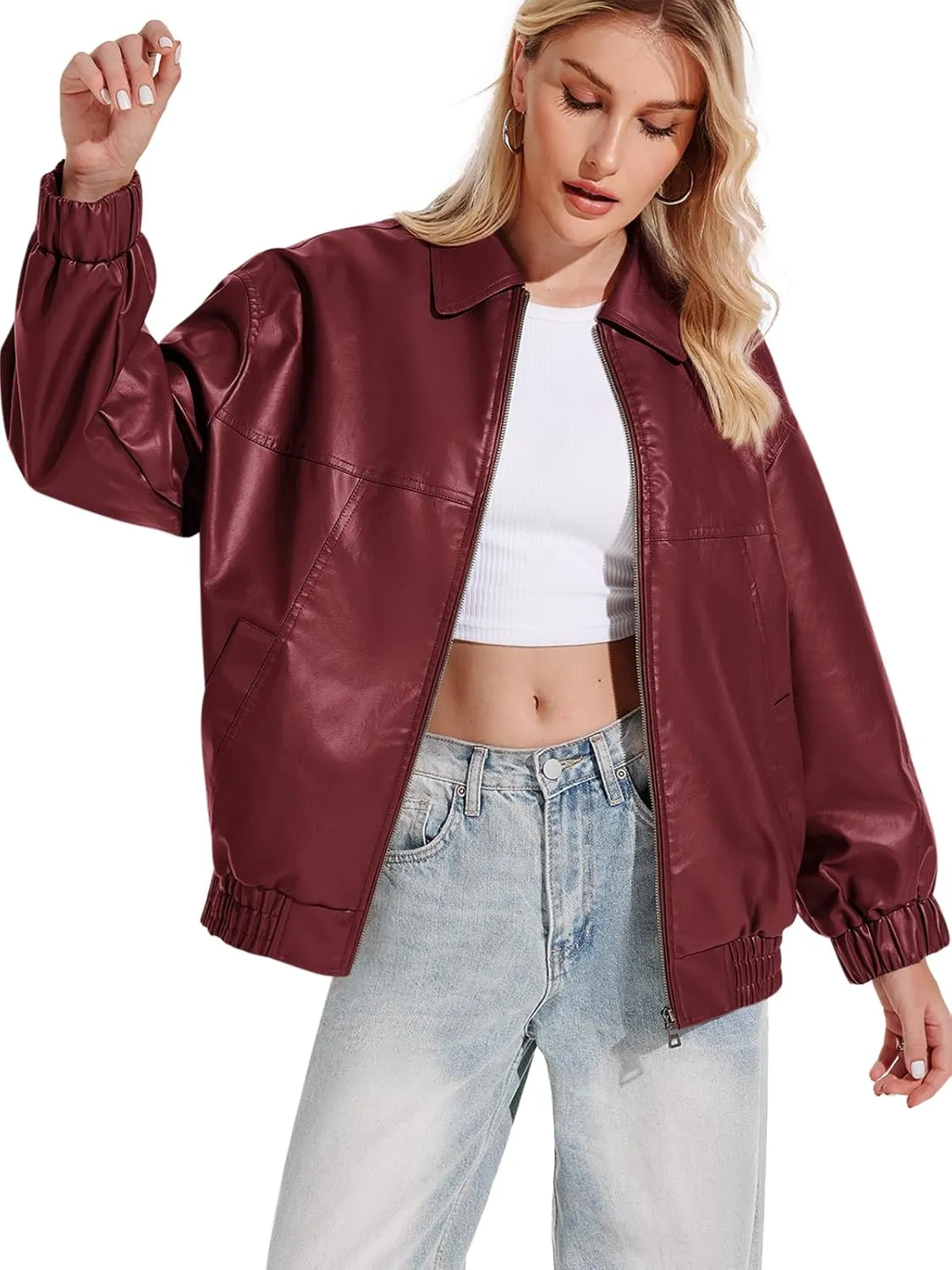 Yousify Womens Leather Jacket Oversized Faux Casual Zip Up Bomber Motorcycle Jackect Trendy Fall Winter Clothes S-XXL