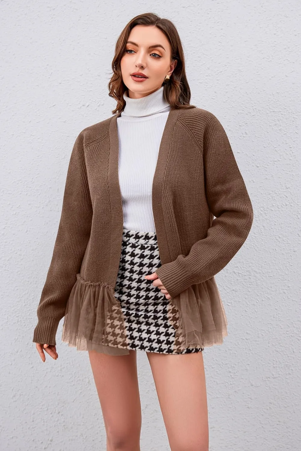 Ythomm Womens Tulle Ruffle Knit Cardigan Sweaters Oversized Long Sleeve Layering Peplum Hem Flowy Tops Fall Winter Outfits
