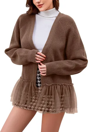 Ythomm Womens Tulle Ruffle Knit Cardigan Sweaters Oversized Long Sleeve Layering Peplum Hem Flowy Tops Fall Winter Outfits