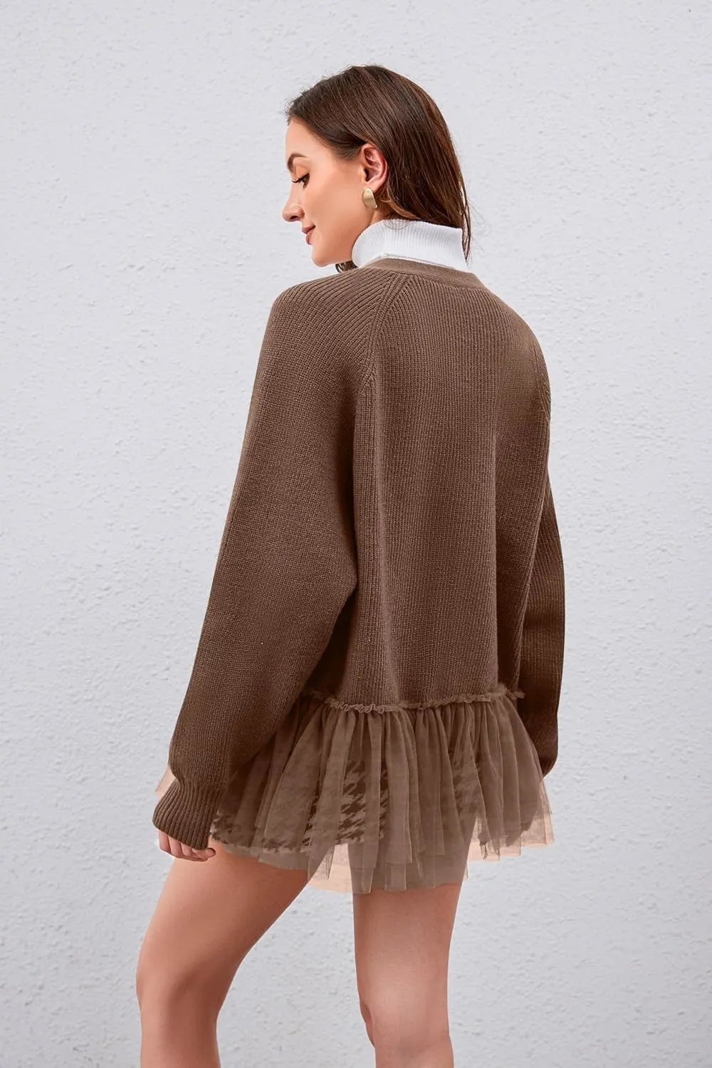 Ythomm Womens Tulle Ruffle Knit Cardigan Sweaters Oversized Long Sleeve Layering Peplum Hem Flowy Tops Fall Winter Outfits