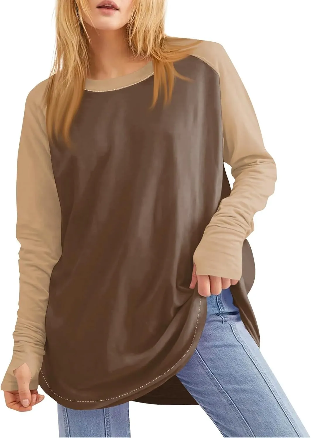 ZDRZK Oversized Sweatshirt For Women Color Block Long Sleeve Thumb Hole Pullover Tops Crewneck Casual Lightweight Shirts