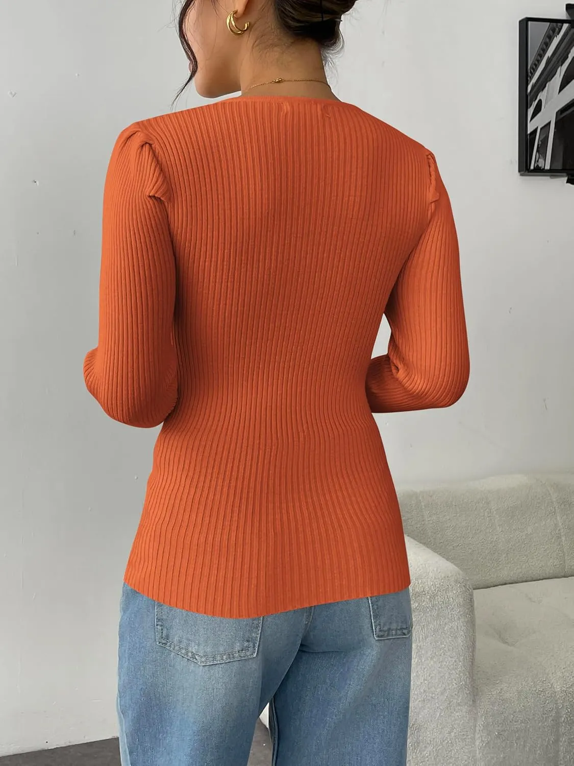 Zeagoo Fall Sweaters for Women 2024 Casual Long Sleeve Shirts V Neck Pullover Puff Slim Fit Tops