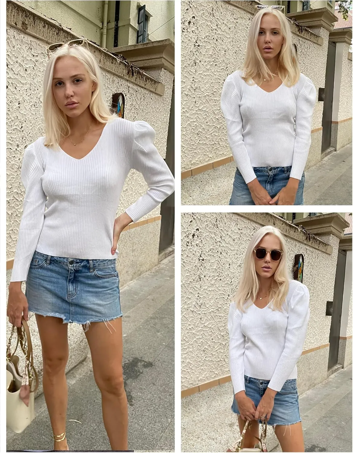 Zeagoo Fall Sweaters for Women 2024 Casual Long Sleeve Shirts V Neck Pullover Puff Slim Fit Tops