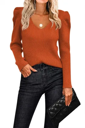 Zeagoo Fall Sweaters for Women 2024 Casual Long Sleeve Shirts V Neck Pullover Puff Slim Fit Tops