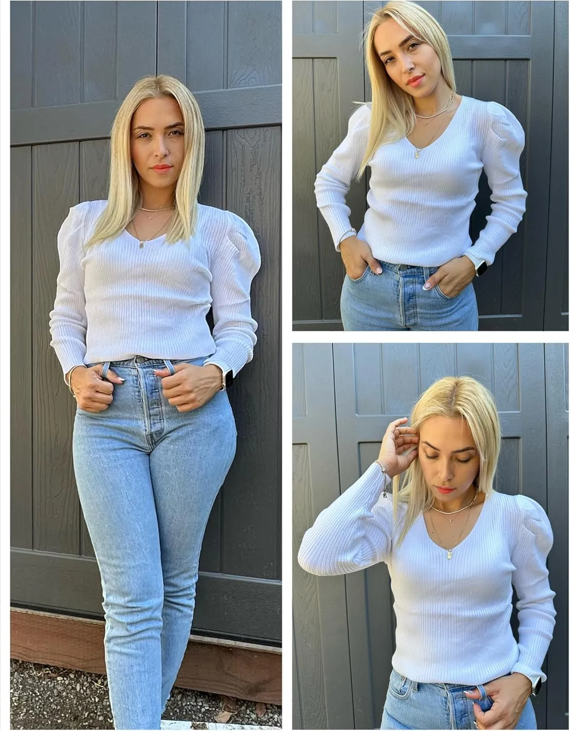 Zeagoo Fall Sweaters for Women 2024 Casual Long Sleeve Shirts V Neck Pullover Puff Slim Fit Tops