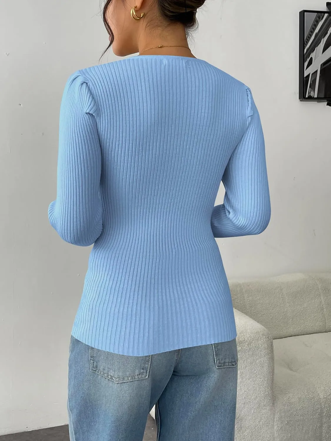 Zeagoo Fall Sweaters for Women 2024 Casual Long Sleeve Shirts V Neck Pullover Puff Slim Fit Tops