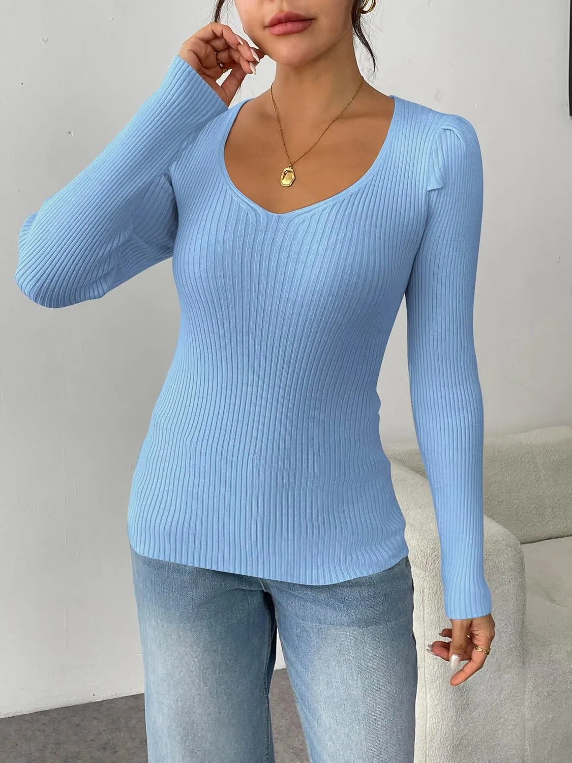 Zeagoo Fall Sweaters for Women 2024 Casual Long Sleeve Shirts V Neck Pullover Puff Slim Fit Tops