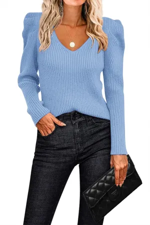 Zeagoo Fall Sweaters for Women 2024 Casual Long Sleeve Shirts V Neck Pullover Puff Slim Fit Tops