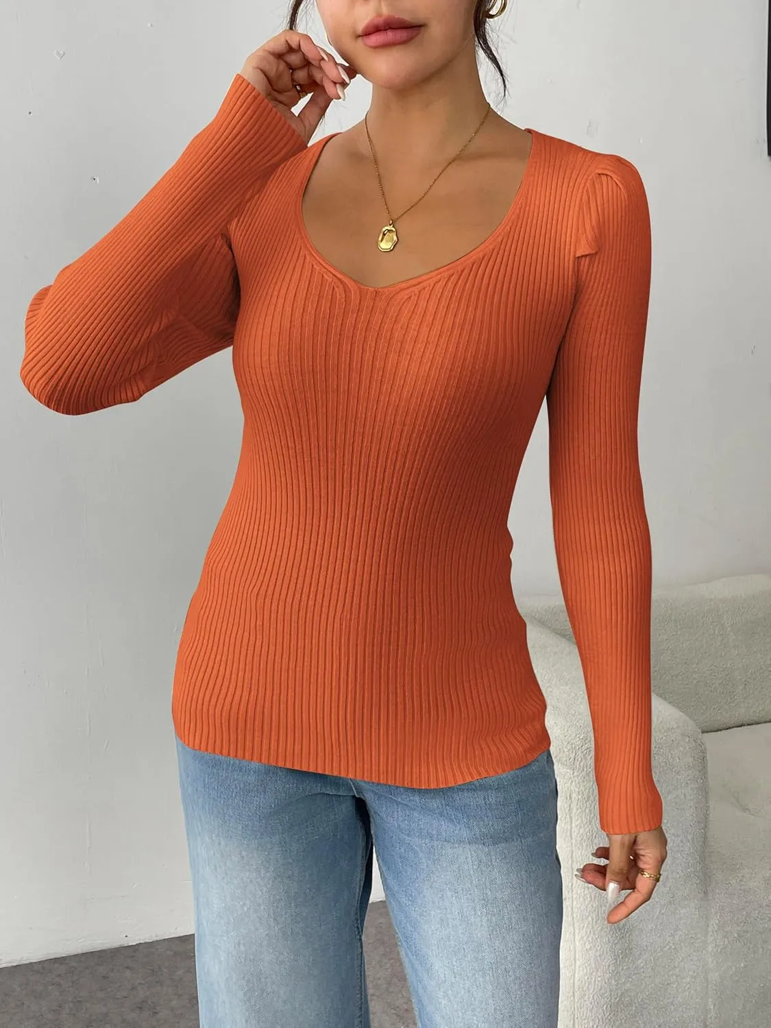 Zeagoo Fall Sweaters for Women 2024 Casual Long Sleeve Shirts V Neck Pullover Puff Slim Fit Tops