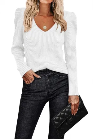 Zeagoo Fall Sweaters for Women 2024 Casual Long Sleeve Shirts V Neck Pullover Puff Slim Fit Tops
