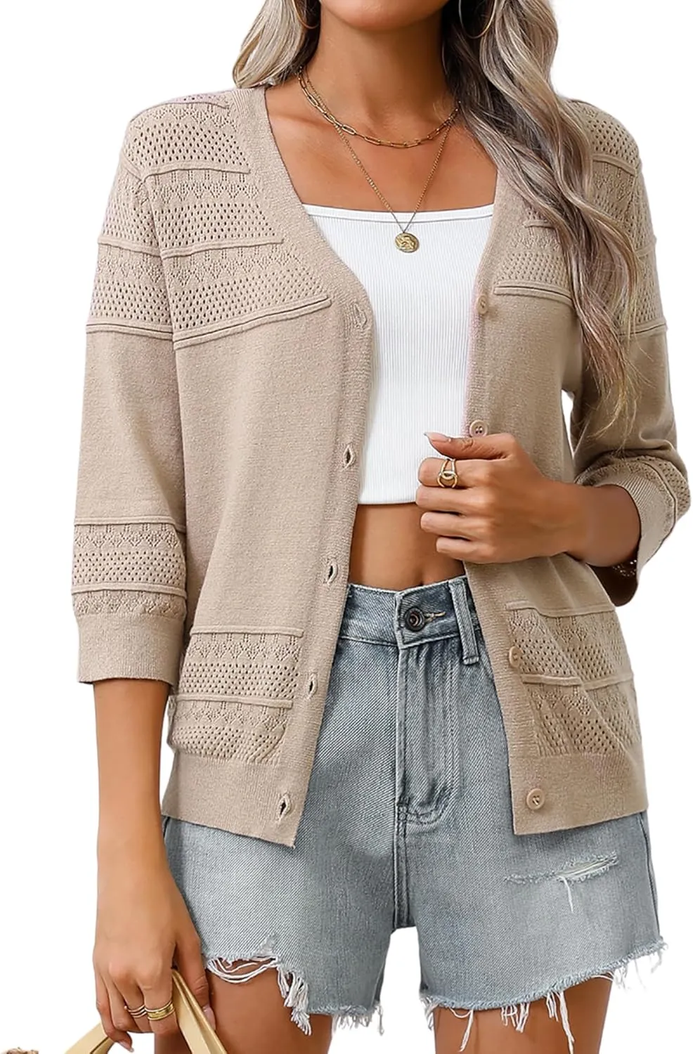 Zeagoo Womens 2025 Cardigan 3/4 Sleeve Summer Lightweight Cropped Cardigan Sweaters Shrug