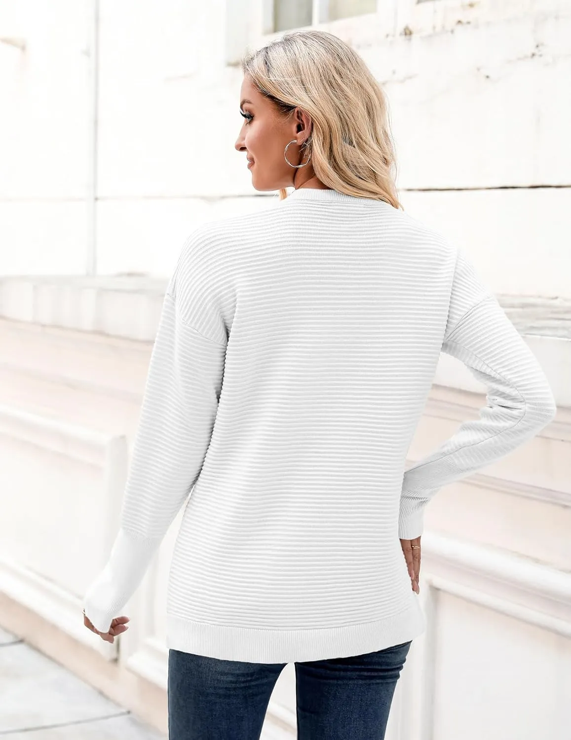 Zeagoo Women's 2025 Fall Sweaters Casual Long Sleeve Crew Neck Ribbed Knit Side Slit Pullover Sweater