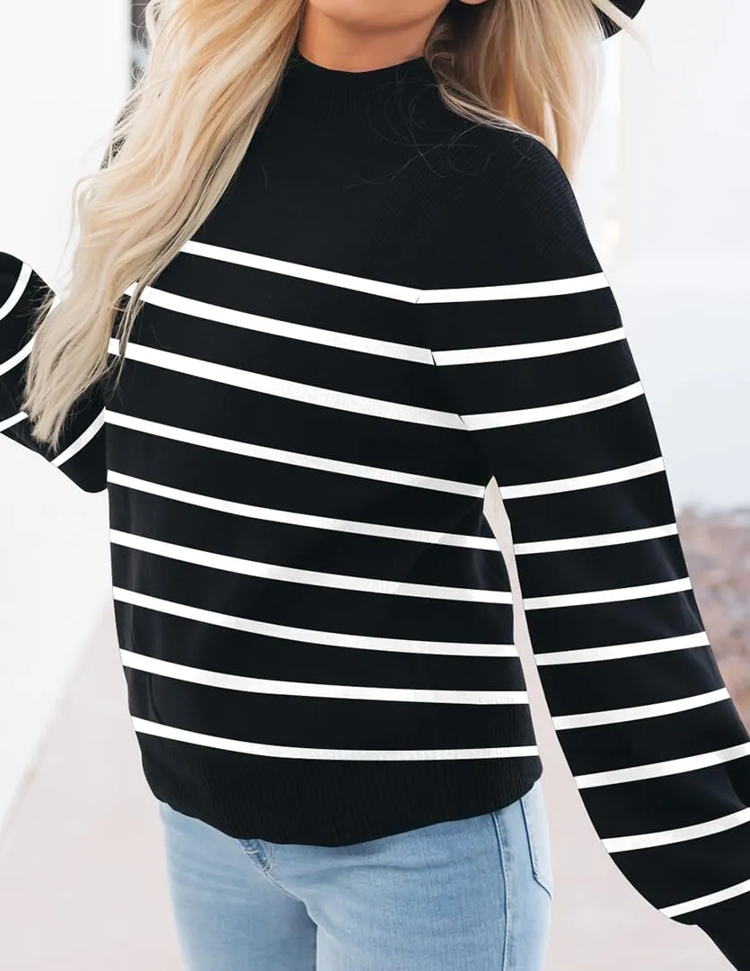 ZESICA Women's Casual Turtleneck Long Lantern Sleeve Oversized Ribbed Knit Pullover Sweater Jumper Top