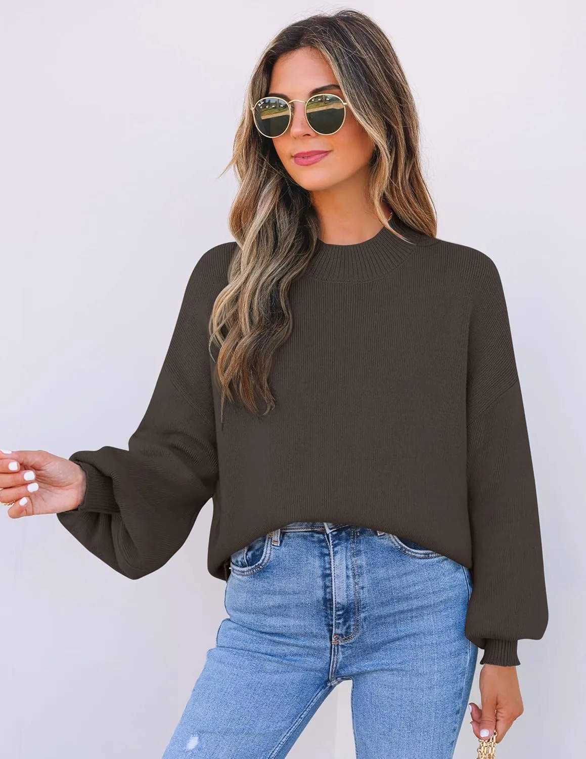 ZESICA Women's Casual Turtleneck Long Lantern Sleeve Oversized Ribbed Knit Pullover Sweater Jumper Top
