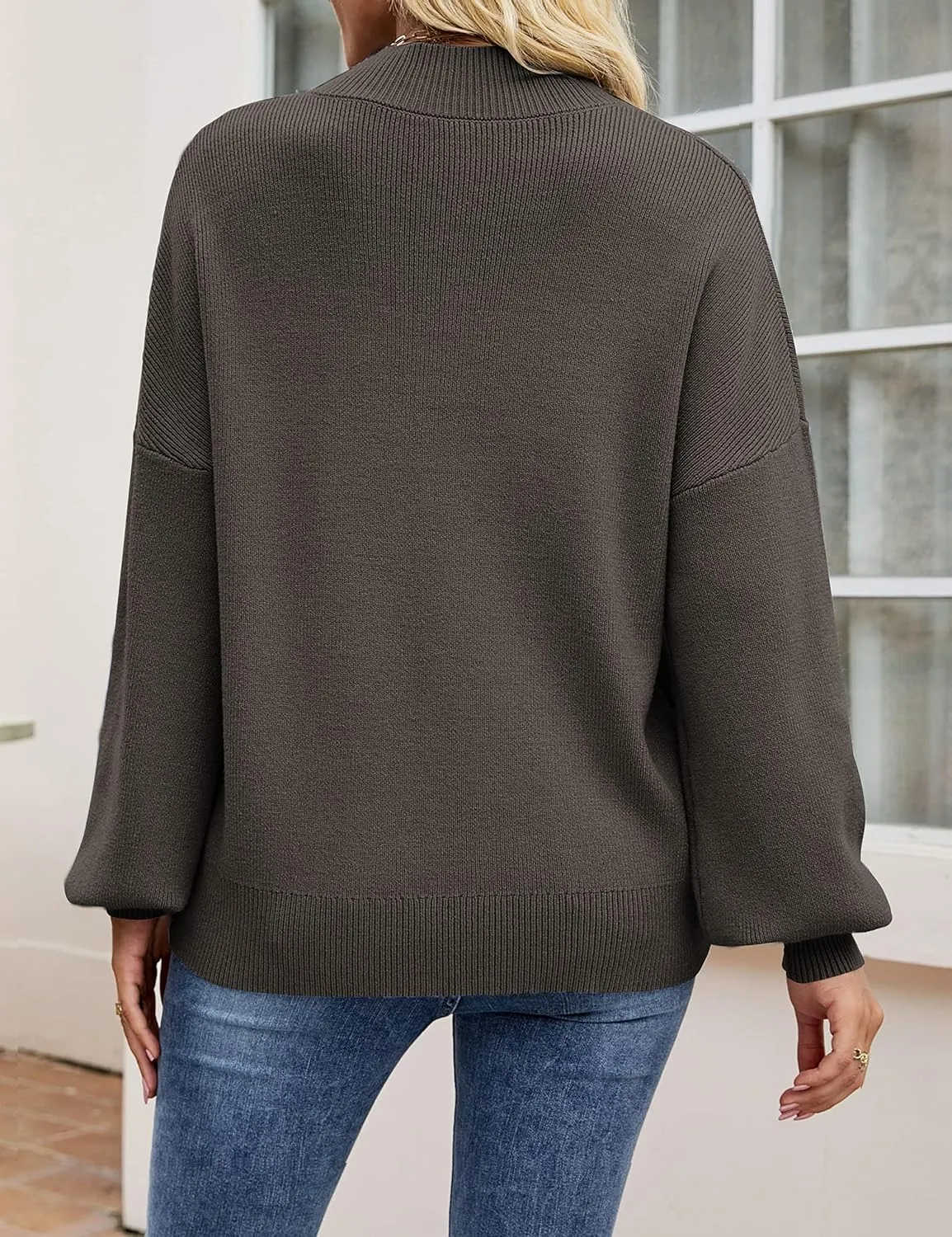 ZESICA Women's Casual Turtleneck Long Lantern Sleeve Oversized Ribbed Knit Pullover Sweater Jumper Top