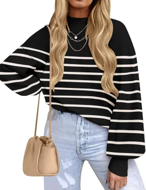 ZESICA Women's Casual Turtleneck Long Lantern Sleeve Oversized Ribbed Knit Pullover Sweater Jumper Top
