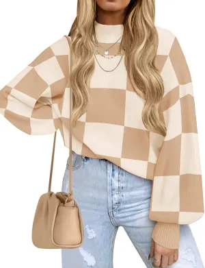 ZESICA Women's Casual Turtleneck Long Lantern Sleeve Oversized Ribbed Knit Pullover Sweater Jumper Top
