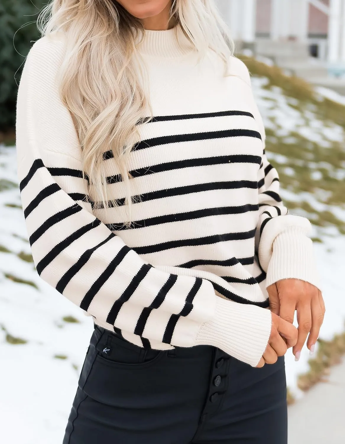 ZESICA Women's Casual Turtleneck Long Lantern Sleeve Oversized Ribbed Knit Pullover Sweater Jumper Top