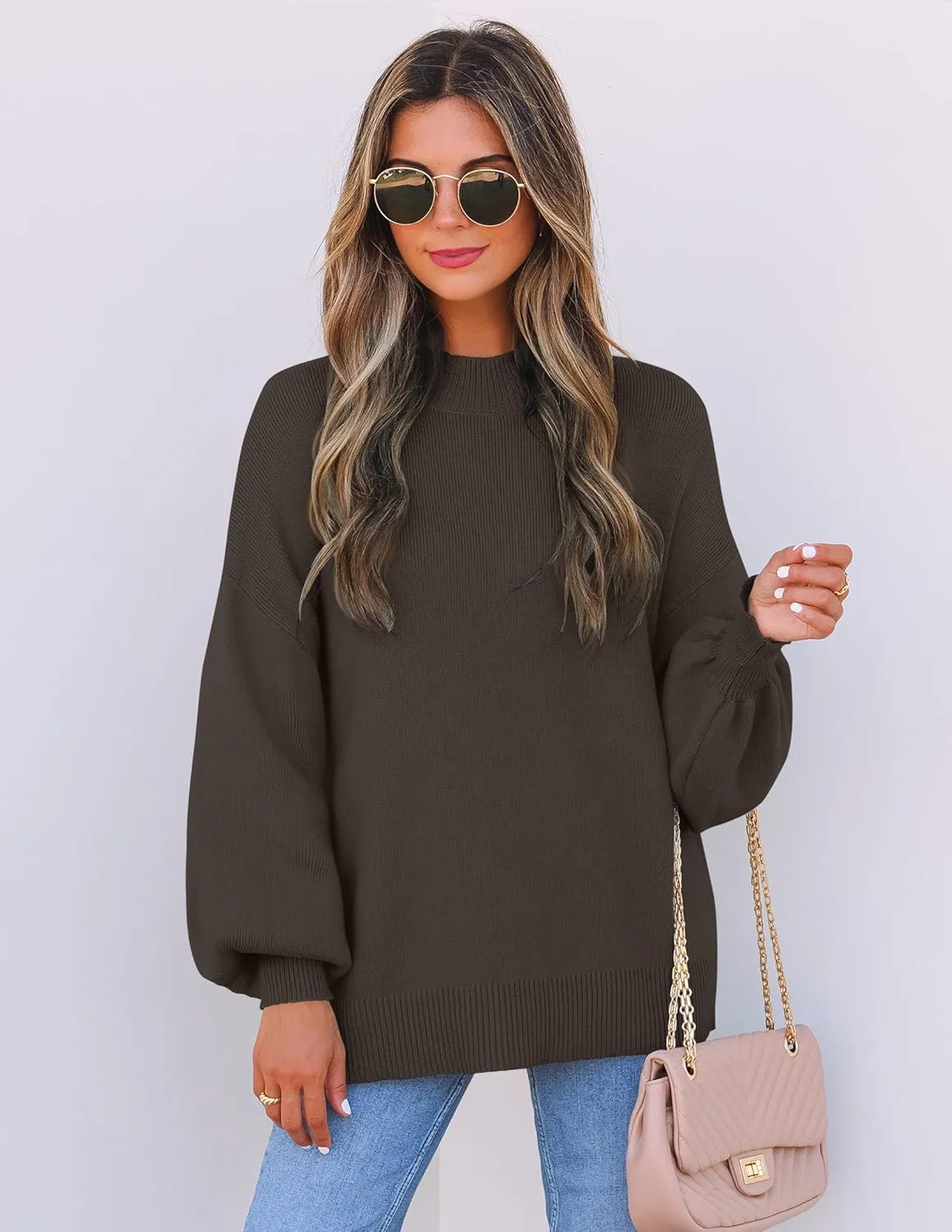ZESICA Women's Casual Turtleneck Long Lantern Sleeve Oversized Ribbed Knit Pullover Sweater Jumper Top
