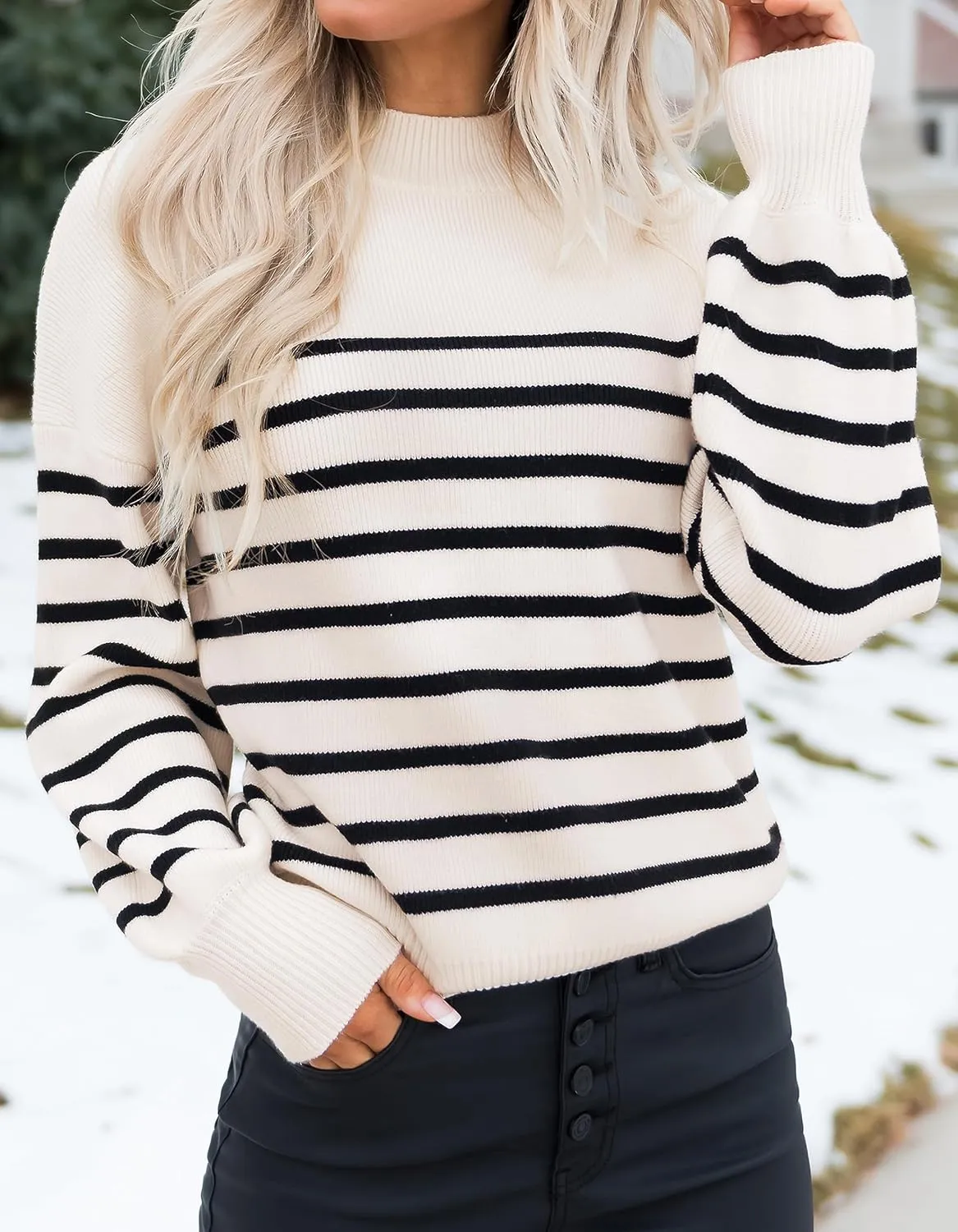 ZESICA Women's Casual Turtleneck Long Lantern Sleeve Oversized Ribbed Knit Pullover Sweater Jumper Top