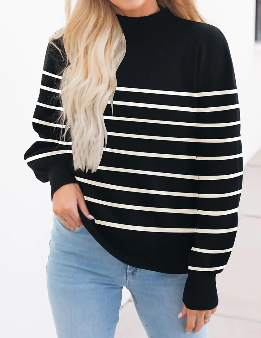 ZESICA Women's Casual Turtleneck Long Lantern Sleeve Oversized Ribbed Knit Pullover Sweater Jumper Top