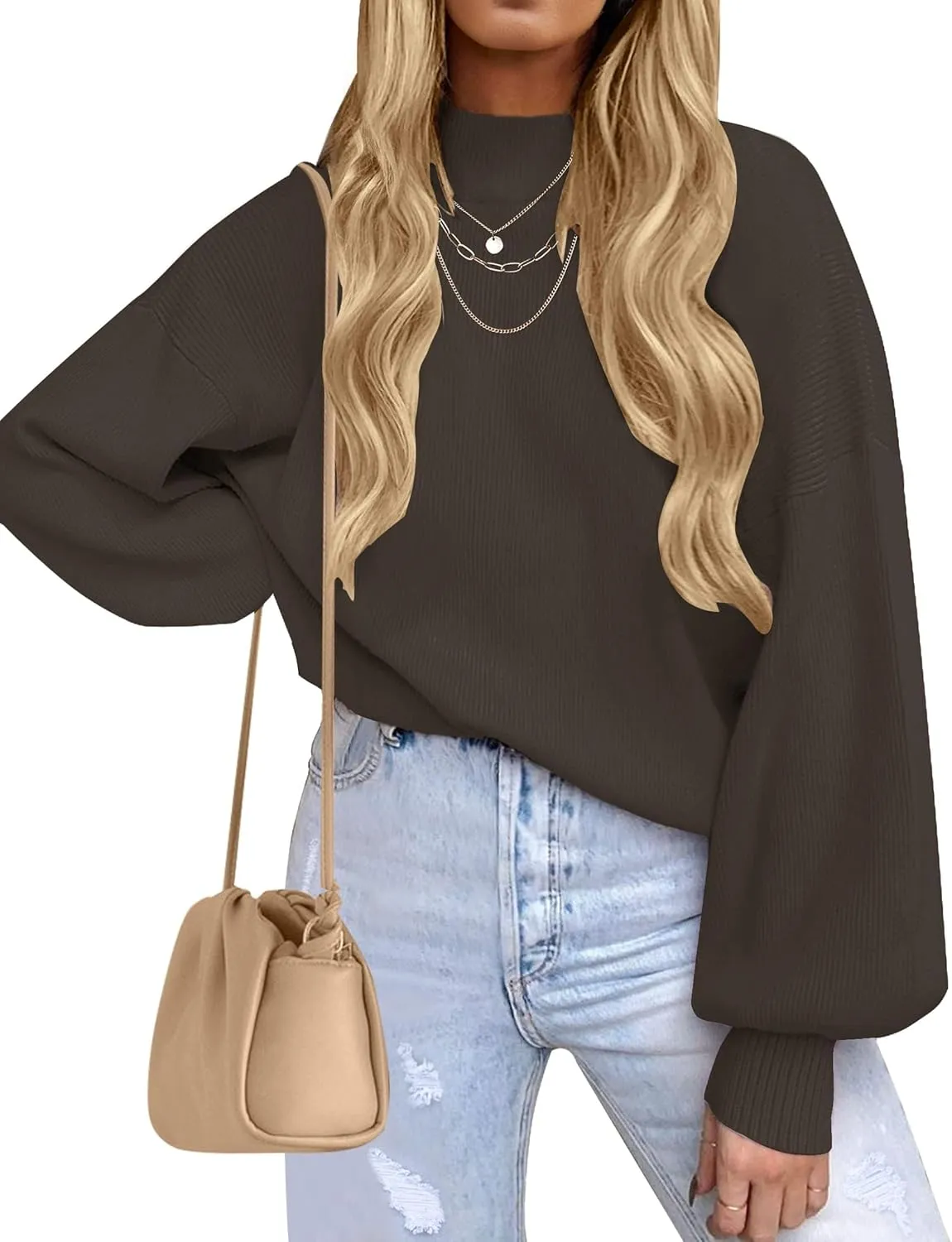ZESICA Women's Casual Turtleneck Long Lantern Sleeve Oversized Ribbed Knit Pullover Sweater Jumper Top