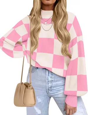 ZESICA Women's Casual Turtleneck Long Lantern Sleeve Oversized Ribbed Knit Pullover Sweater Jumper Top