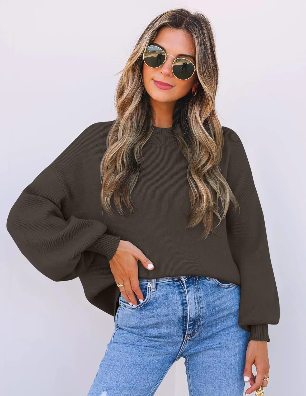 ZESICA Women's Casual Turtleneck Long Lantern Sleeve Oversized Ribbed Knit Pullover Sweater Jumper Top