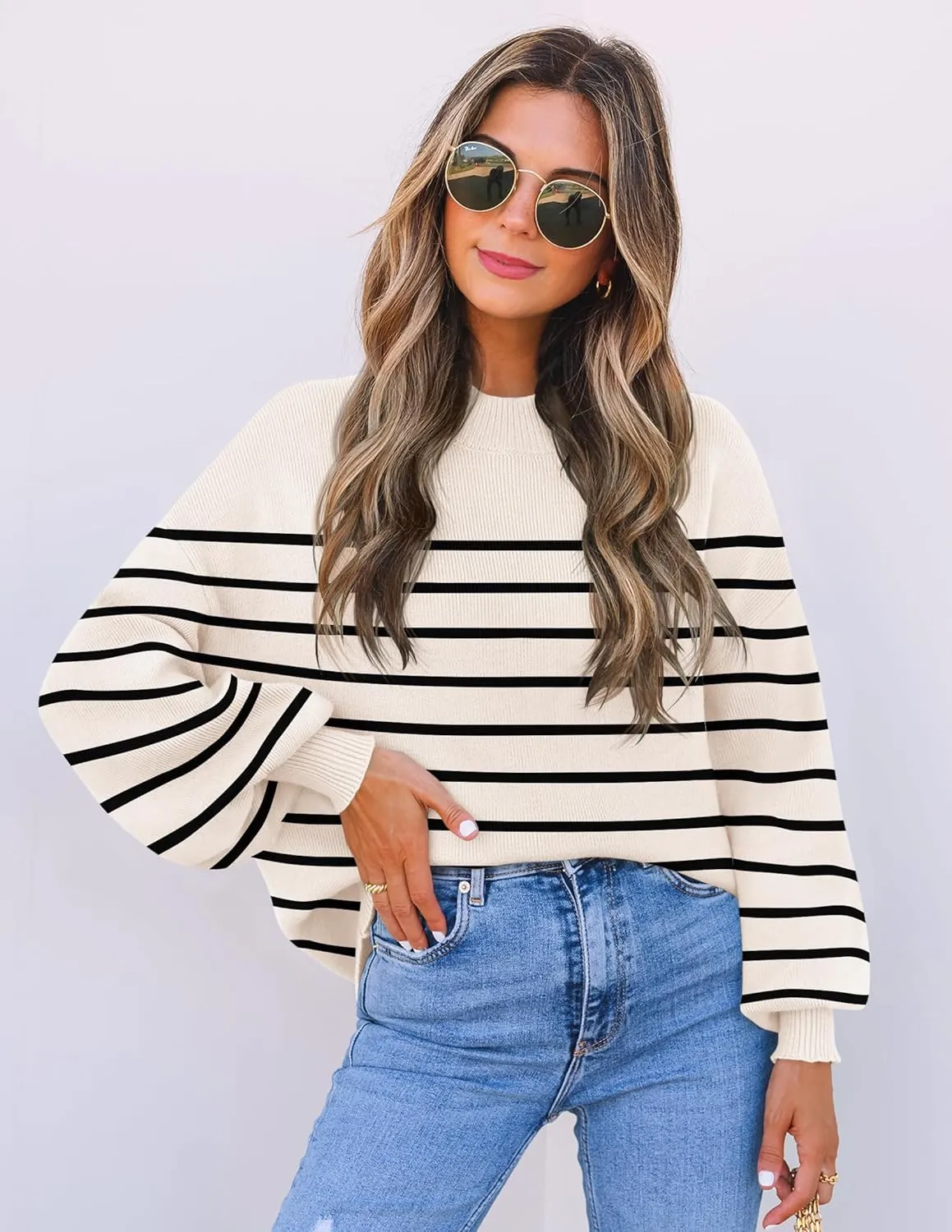 ZESICA Women's Casual Turtleneck Long Lantern Sleeve Oversized Ribbed Knit Pullover Sweater Jumper Top