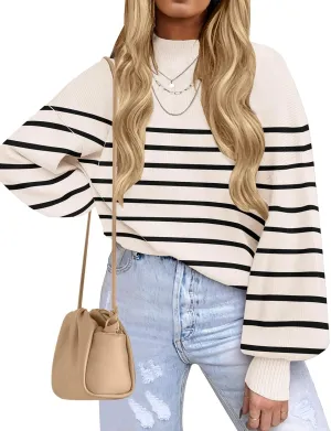 ZESICA Women's Casual Turtleneck Long Lantern Sleeve Oversized Ribbed Knit Pullover Sweater Jumper Top