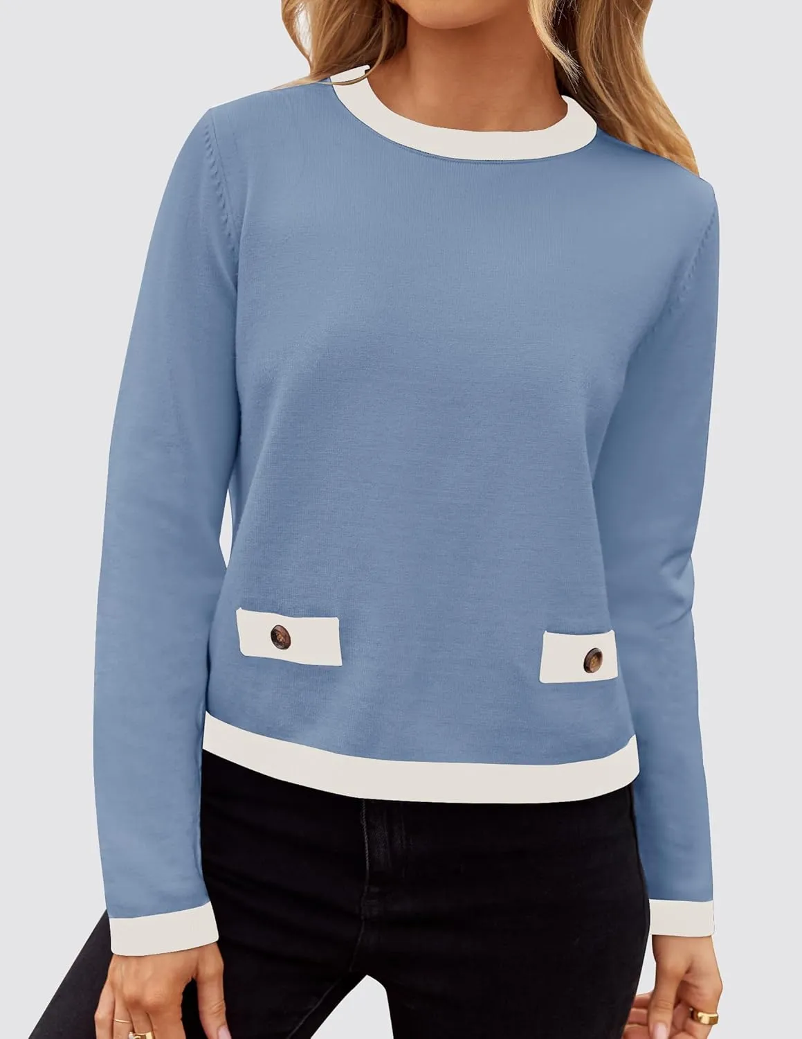 ZESICA Women's Fall Sweaters 2025 Long Sleeve Crewneck Knit Color Block Lightweight Pullover Tops Clothes