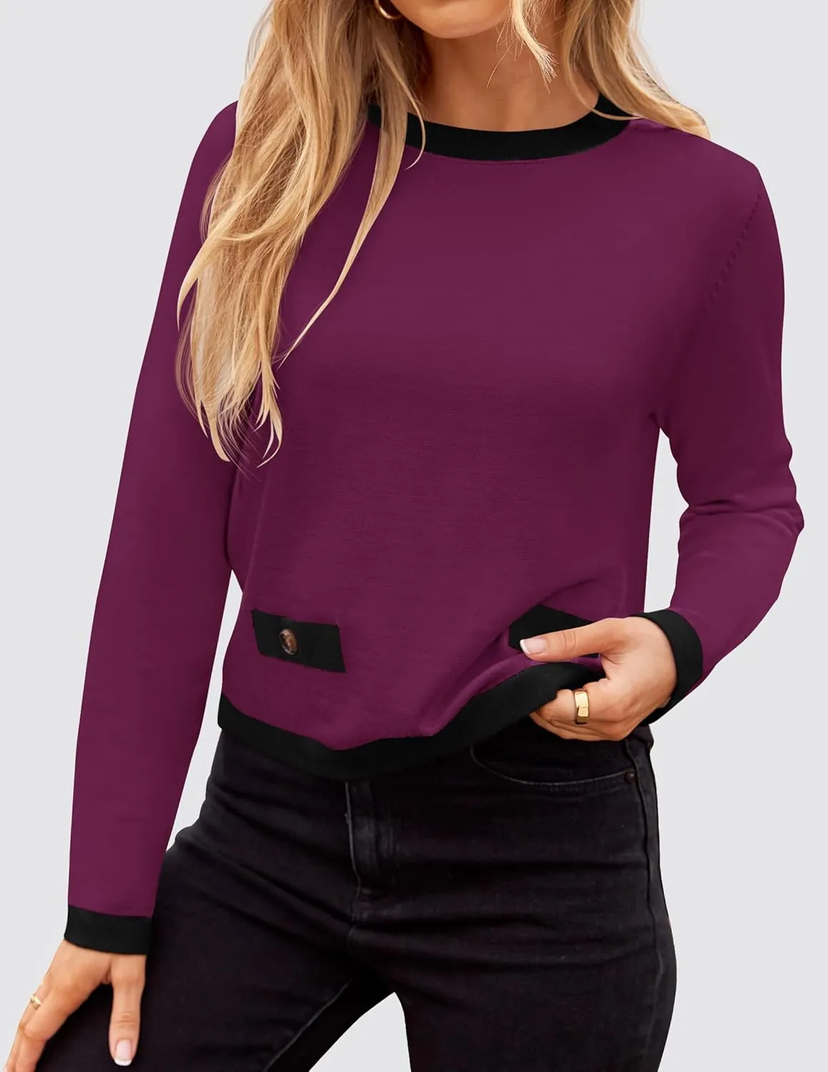 ZESICA Women's Fall Sweaters 2025 Long Sleeve Crewneck Knit Color Block Lightweight Pullover Tops Clothes