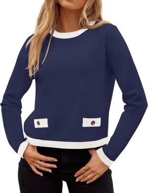ZESICA Women's Fall Sweaters 2025 Long Sleeve Crewneck Knit Color Block Lightweight Pullover Tops Clothes