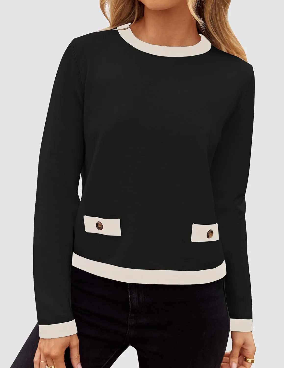 ZESICA Women's Fall Sweaters 2025 Long Sleeve Crewneck Knit Color Block Lightweight Pullover Tops Clothes