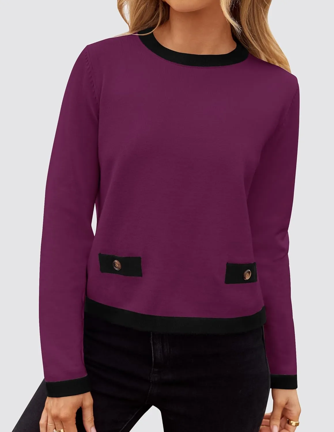 ZESICA Women's Fall Sweaters 2025 Long Sleeve Crewneck Knit Color Block Lightweight Pullover Tops Clothes