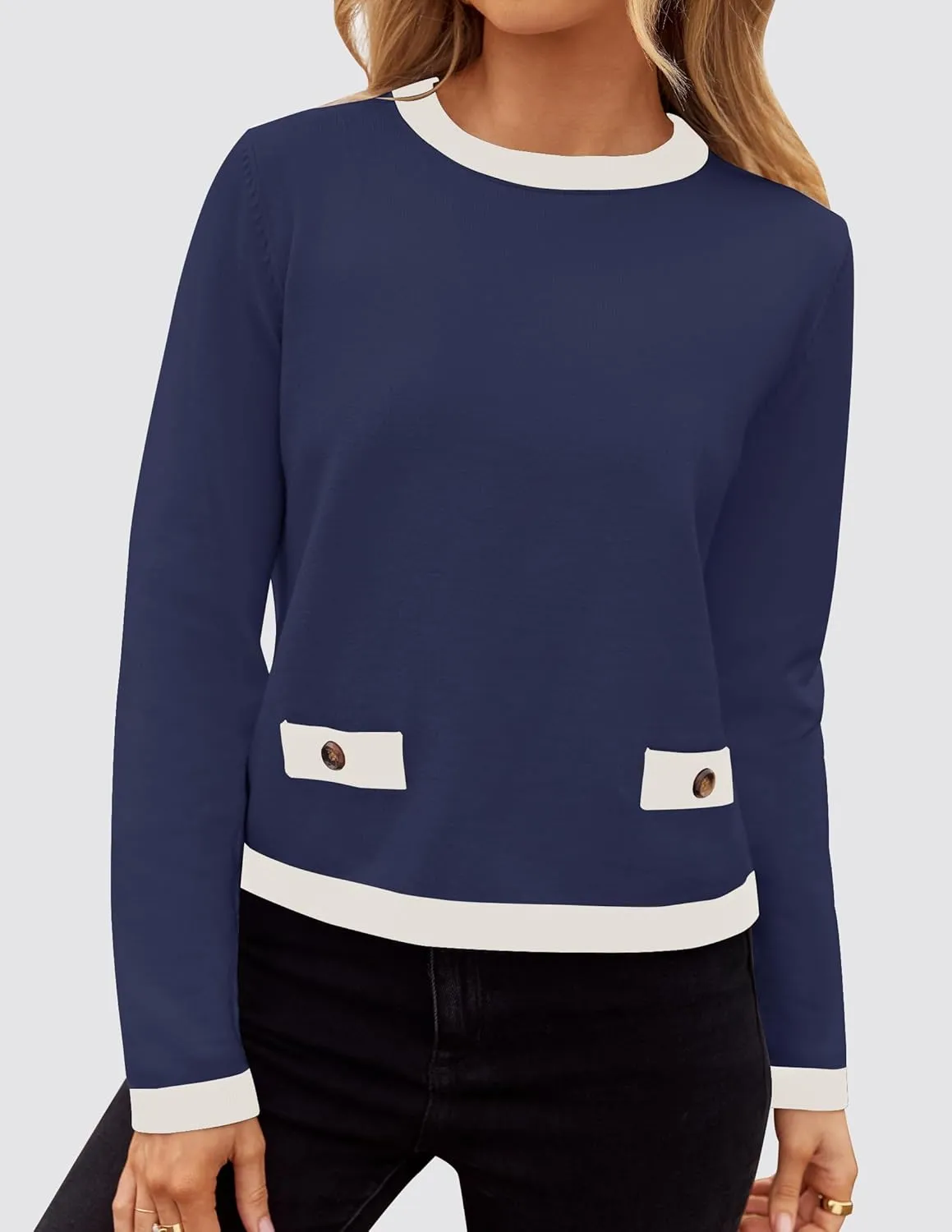 ZESICA Women's Fall Sweaters 2025 Long Sleeve Crewneck Knit Color Block Lightweight Pullover Tops Clothes