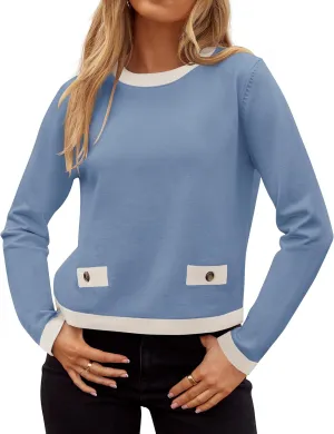 ZESICA Women's Fall Sweaters 2025 Long Sleeve Crewneck Knit Color Block Lightweight Pullover Tops Clothes