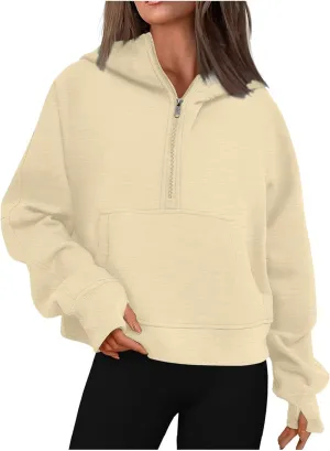 Zip Up Hoodie Women,2024 Fall Thumb Hole Half Zip Sweatshirts Fleece Jackets Tops Oversized Pullover With Pockets